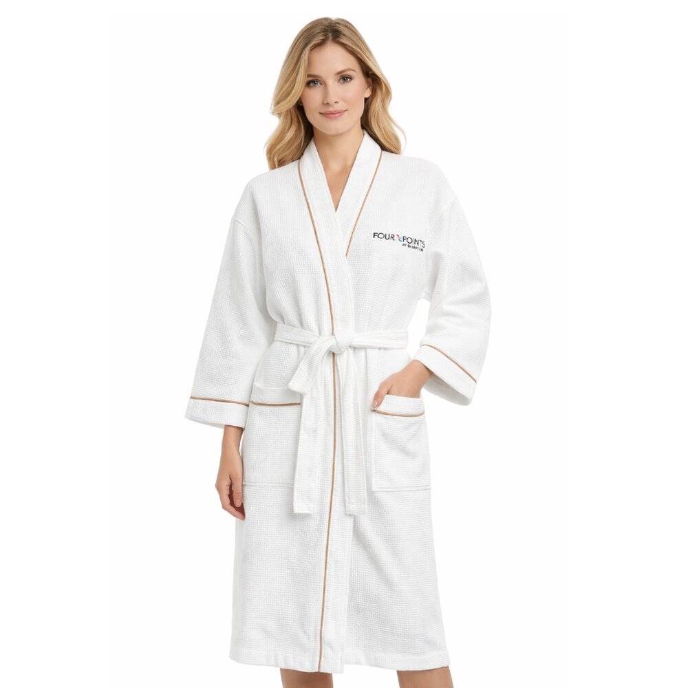 Sheraton Four Points Waffle Weave White Pure Cotton Robe w/ Gold  Trim & Logo